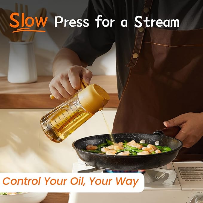 TrendPlain 16oz/470ml Glass Olive Oil Sprayer for Cooking – 2 in 1 Olive Oil Dispenser Bottle for Kitchen Gadgets and Air Fryer Accessories, Salad, BBQ - Yellow