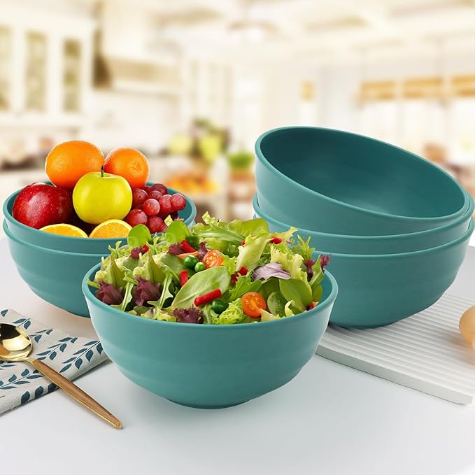 Wheat Straw Large Bowls 60 OZ, Popcorn bowl Bowls Set of 6, Unbreakable and Lightweight Large Serving Bowl for Kitchen, Dorm, Microwave and Dishwasher Safe Big Plastic Bowl Reusable - Green