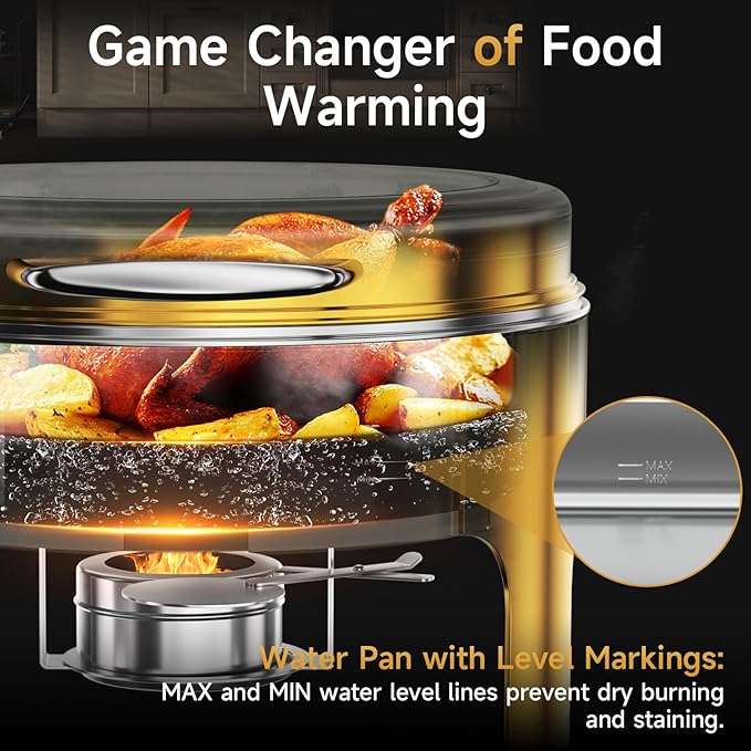 Chafing Dishes for Buffet, 6QT Round Stainless Steel Chafing Dish with Transparent Hydraulic Lid, 304 Food Pan, Buffet Warmer for Parties and Events (Golden)