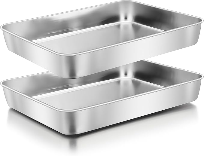 Herogo Rectangle Cake Pan Set of 2, 9 X 12 Inch Stainless Steel Baking Pan for Oven, Lasagna Brownies Casseroles Cakes Bakeware, Dishwasher Safe