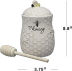 Young's Inc. Ceramic Honey Jar with Lid and Wooden Honey Dipper - Farmhouse Kitchen Decor - Tea Accessories