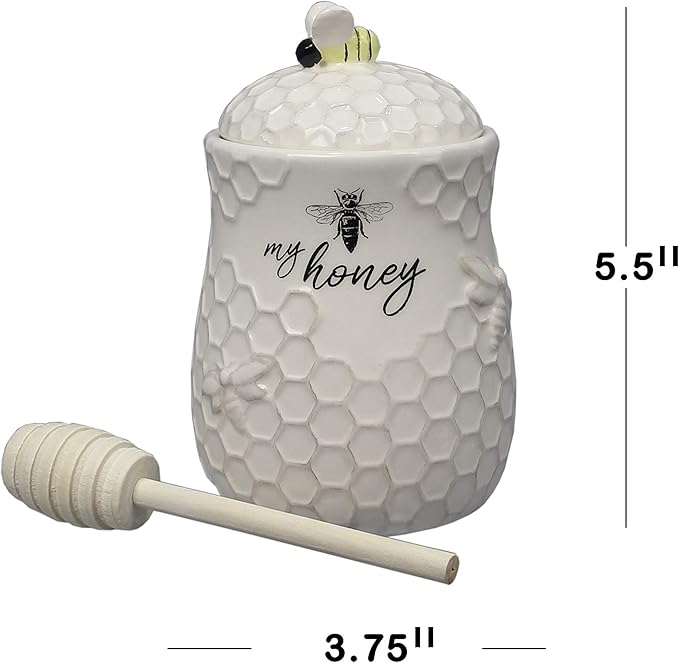 Young's Inc. Ceramic Honey Jar with Lid and Wooden Honey Dipper - Farmhouse Kitchen Decor - Tea Accessories