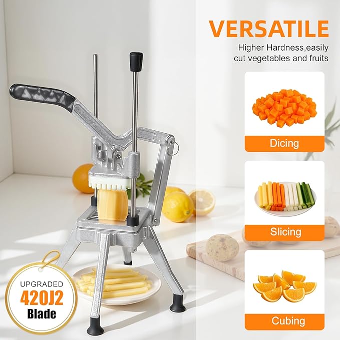 Commercial Vegetable Chopper, Heavy Duty Professional Fruit Dicer with 1/4" Replacement Blade, Stainless Steel French Fry Cutter, Fruit Slicer for Tomato Peppers Potato Mushroom