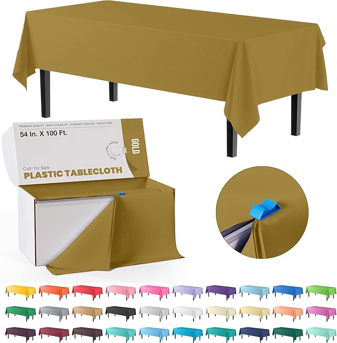 Exquisite Party Solids 54 Inch X 100 Feet Gold Plastic Table Cover Roll in A Cut - to - Size Box with Convenient Slide Cutter. Cuts Up to 12 Rectangle 8 Feet Plastic Disposable Tablecloths