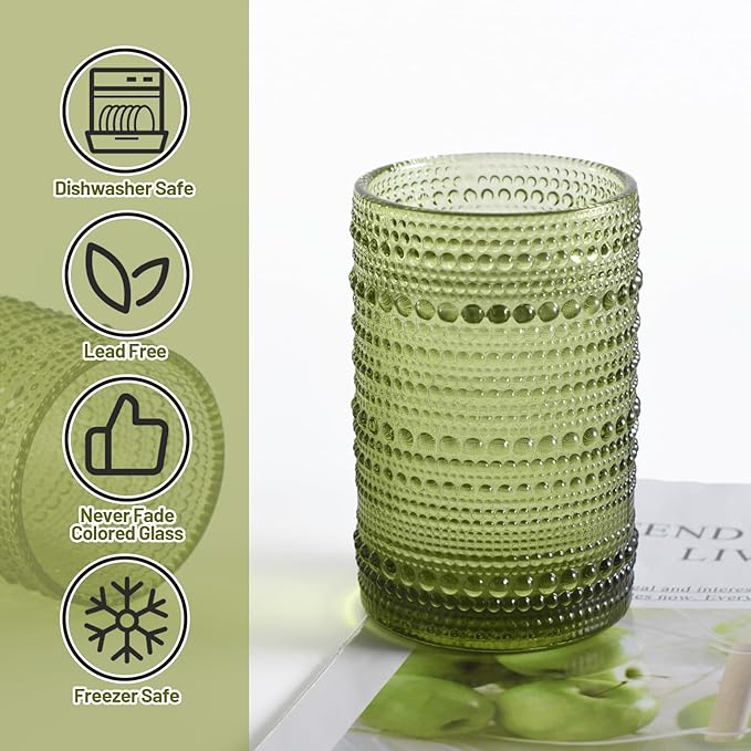 Hobnail Drinking Glasses Set of 6, Vintage Colored Glassware 14.5oz, Tall Beverage Glass Cups for Water, Juice, Cocktail (Green)