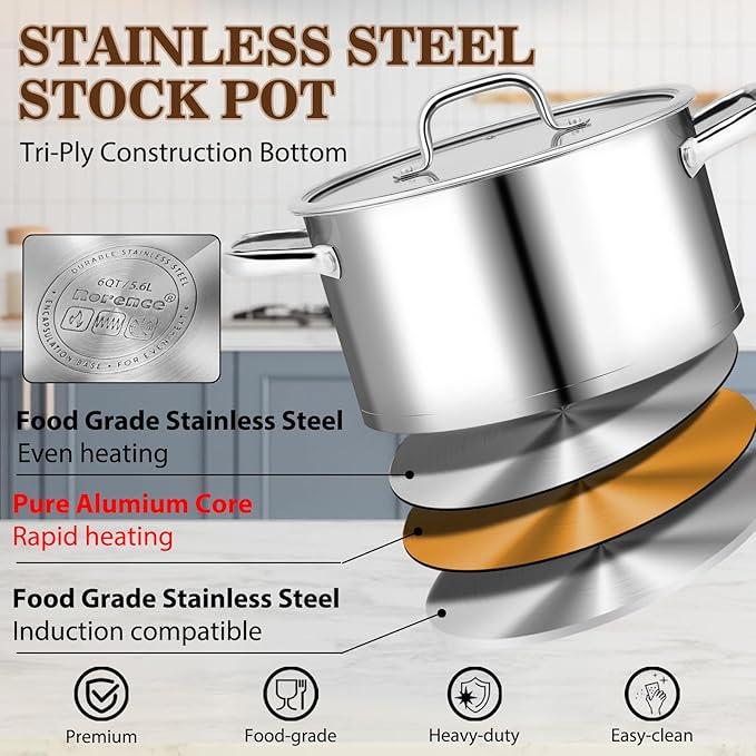 Rorence Stainless Steel Stock Pot, Tri-Ply Base Large Pot Induction Cooking Pot with Lid for All Stoves, Oven & Dishwasher Safe, 6-Quart