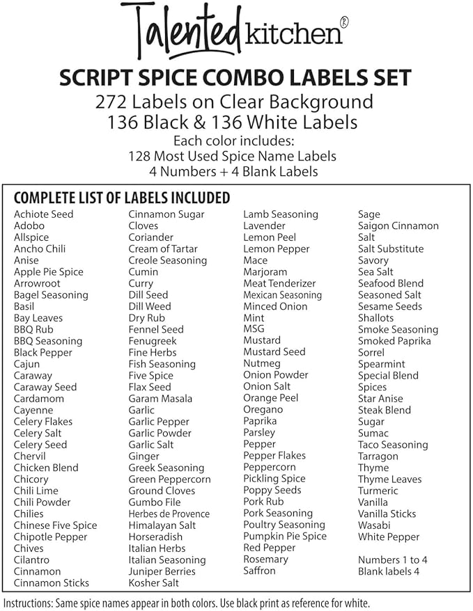 Talented Kitchen 272 Spice Labels Stickers, Clear Spice Jar Labels Preprinted for Seasoning Herbs Kitchen Spice Rack Organization, Water Resistant, Black and White Script