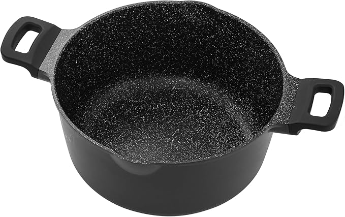 11 Inch Non Stick Pan Casserole Pot with Lid & Pour Spout - Lightweight 6.84 Quart Granite Coated Soup Pot Comfort Grip Handle - Induction Compatible PFOA Free Non Stick Cookware (Black)
