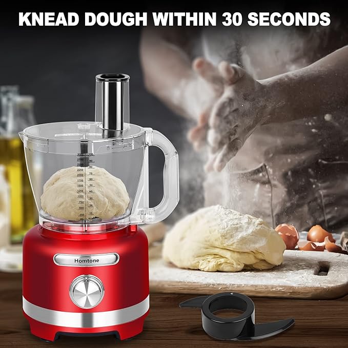 Homtone 16 Cups Food Processor, Extra Large Food Processors for Shredding, Slicing, Doughing and Chopping, 6 Blades 8 Functions for Home Use, 3 Speed, 600W, Red