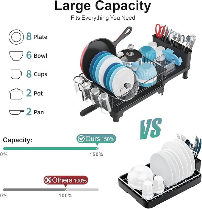 GSlife Expandable Dish Drying Rack - Large Dish Racks for Kitchen Counter with Pan Slot, Anti-Rust Sink Dish Drainer with Drainboard and Utensil Holder, 26.2" Lx12.6 W, Black