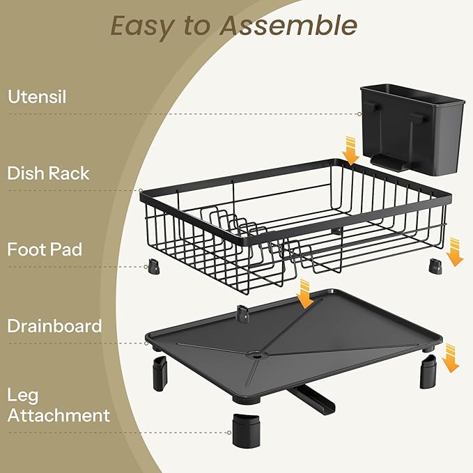 Dish Drying Rack - Small Dish Rack for Kitchen Counter, Stainless Steel Dish Drainer with Utensil Holder and Drainboard (Black)