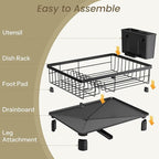 Dish Drying Rack - Small Dish Rack for Kitchen Counter, Stainless Steel Dish Drainer with Utensil Holder and Drainboard (Black)