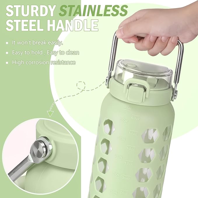 MUKOKO 64oz Glass Water Bottles with Straw and Lid,Half Gallon Water Bottle with Time Marker,Large Glass Water Jug with Silicone Sleeve and Stainless Steel Handle-Green