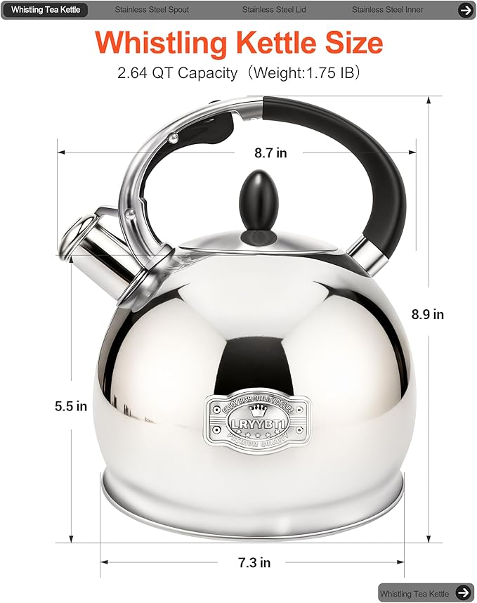 Whistling Tea Kettle for Stovetop, (2.64 Quart-Mirror） Food Grade Stainless Steel Teapot of 5-layer base