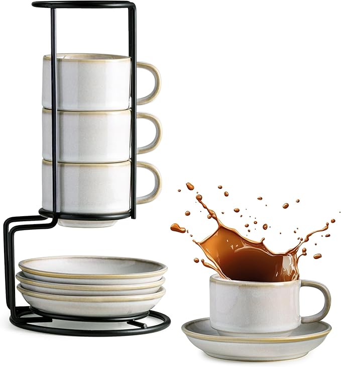 Gomakren 2.5 Ounce Espresso Cups Set of 4, Small Stackable Coffee Cups with Saucers and Metal Stand, Halloween Porcelain Demitasse Cups for Specialty Coffee Drinks, Espresso, Cappuccino, Latte, White