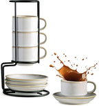 Gomakren 2.5 Ounce Espresso Cups Set of 4, Small Stackable Coffee Cups with Saucers and Metal Stand, Halloween Porcelain Demitasse Cups for Specialty Coffee Drinks, Espresso, Cappuccino, Latte, White