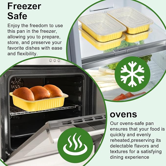 11"×8"×2" - 20 Pack 5LB/80oz Gold Aluminum Foil Pans with Lids Heavy Duty, Foil Food Containers with Lids, Tin Foil Pans for Baking, Meal Prep, Freezer, Heating and Takeout