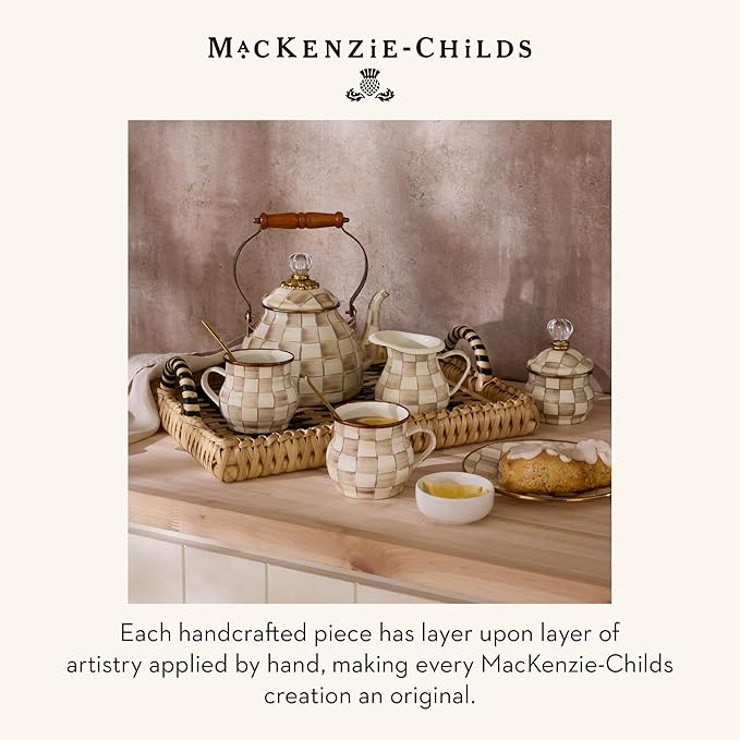 MACKENZIE-CHILDS Enamel Tea Kettle, Stylish Tea Kettle for Stovetop, Brown-and-White Mocha Check, 2 Quarts