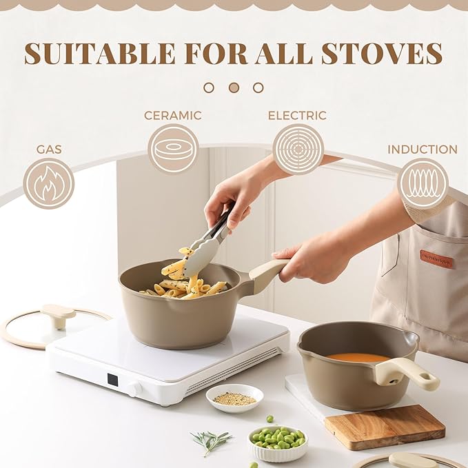 Nonstick Saucepan Set with Lids, 2QT and 2.7QT Ceramic Sauce Pan Set, Non Toxic Sauce Pots with Pour Spouts for Multipurpose Use, PTFE, PFOA & PFAS Free, Induction Compatible, Apricot