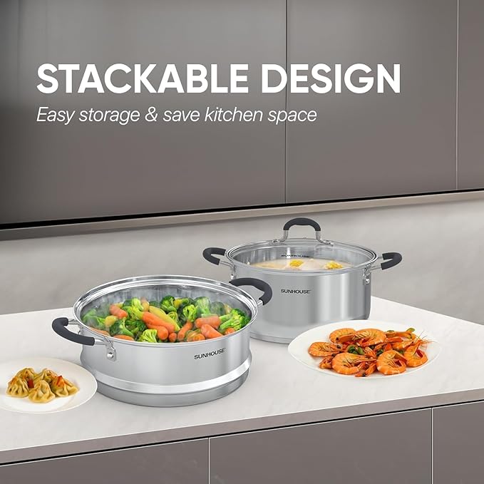 Sunhouse - 3.1 Quarts Steamer Pots With Lid 2-Tier Multipurpose Stainless Steel Steaming Pot Cookware For Vegetable, Dumpling, Sauce, Food - Triple Bottom, Measurement Line