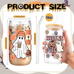 6 Pcs Halloween Glasses 16 oz Cute Ghost Flower Skull Cups with Bamboo Lid and Glass Straw Spooky Pumpkin Bat Can Shaped Mason Drinking Jars Iced Coffee Cups for Halloween Party Gift
