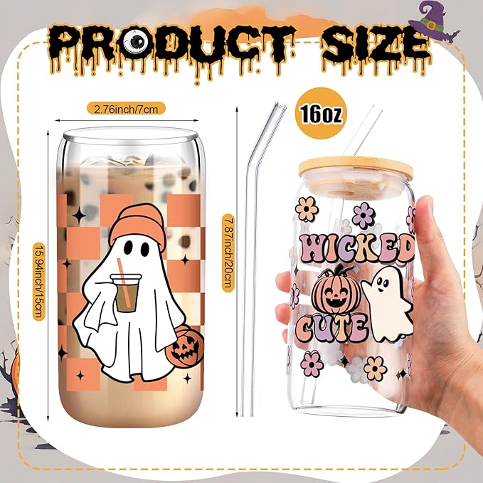 6 Pcs Halloween Glasses 16 oz Cute Ghost Flower Skull Cups with Bamboo Lid and Glass Straw Spooky Pumpkin Bat Can Shaped Mason Drinking Jars Iced Coffee Cups for Halloween Party Gift