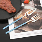 JASHII Hangable Silverware Set, Fresh Macaron Colors Flatware Cutlery Set Service for 2, Satin Finish 8 Piece Stainless Steel Utensils Set for Home and Restaurant, Dishwasher Safe(Blue Silver)