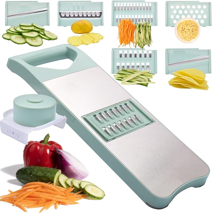 6-Blade Mandoline Slicer with Slide-On Hand Guard - Vegetable Slicer, Potato/Onion/Garlic Slicer, Kitchen Grater(Multi-Color) (Seafoam green, 6-in-1)