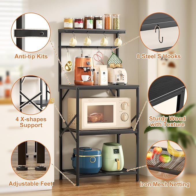 Kitchen Bakers Rack with Storage Shelves, Small Coffee Bar Cart with 8 Hooks, 4 Tiers Microwave Stand Station with Adjustable Shelves, Freestanding Kitchen Appliance Organizer, Black