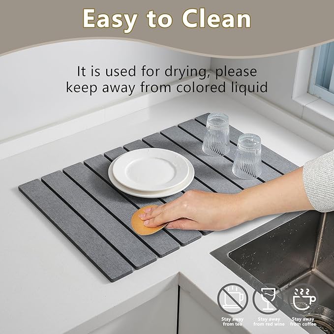 Large Stone Drying Mat for Kitchen Counter, 24''L x 16''W Diatomaceous Earth Collapsible Dish Drying Mat, Quick Drying Mat for Dishes, Bottles and Cups, Matches Any Countertop (Dark Gray)