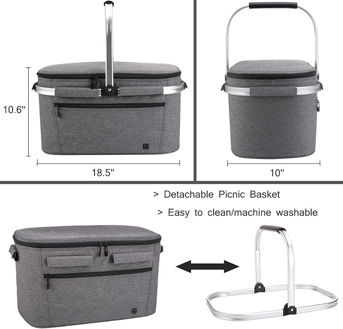 ALLCAMP OUTDOOR GEAR Large Picnic Basket 32L Shopping Basket Grocery Bags Folding Insulated Strong Aluminum Frame Basket (Large Gray)
