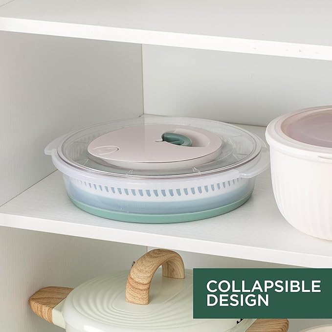 COOK WITH COLOR Collapsible Salad Spinner - 4 QT Space Saving Lettuce Dryer with Folding Collapsible Colander Great for Washing and Drying Fruit and Vegetables (Sage)