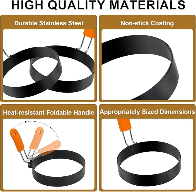 Egg Rings 3.5 Inch Pack of 4 with Silicone Handle Perfect Round Circle Mold Shaper for Frying Eggs Crumpet Pancakes Accessory for Home Camping Breakfasts