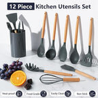 P&P CHEF Silicone Cooking Utensils Set, 12PCS Kitchen Utensils Set with Wooden Handle for Nonstick Cookware, Ladle, Spoon, Spatula, Tong, Heat-resistant & Non-scratch, Non Smell & Healthy, Gray