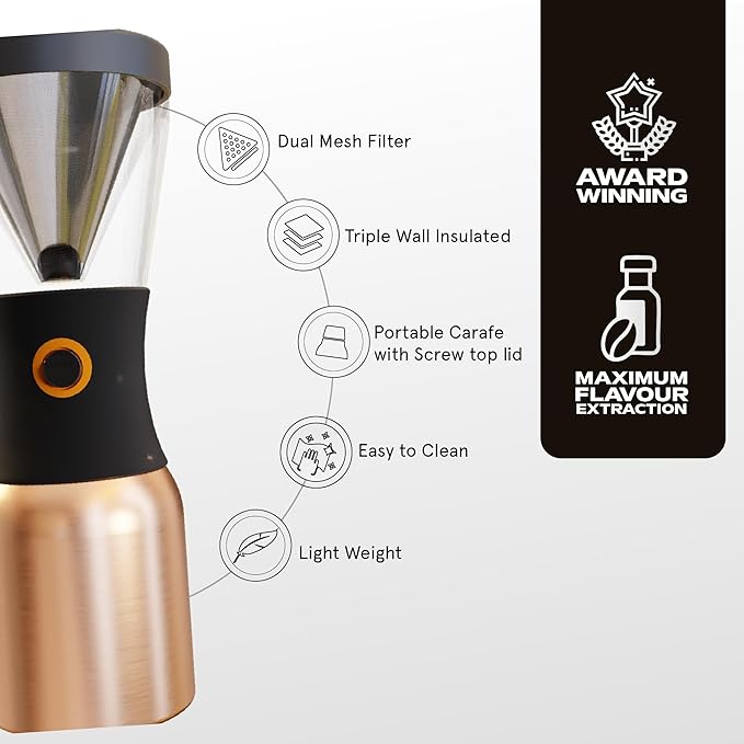 asobu Cold Brew Coffee Maker, Award-Winning 40oz Insulated Cold Brew Brewer with Portable Stainless Steel Carafe – No.1 Europe Coffee Fest Winner, Leakproof, BPA-Free, Keeps Cold 24H