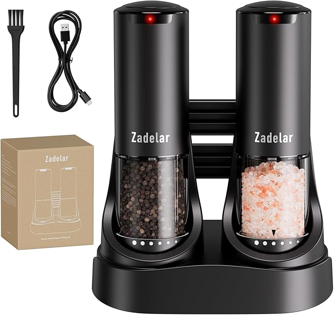 Electric Rechargeable Salt and Pepper Grinder Set,Automatic Pepper Mill Grinder with USB C Charging Dock,Upgraded 95ml Large Capacity,Adjustable Coarseness,LED Light,High-end Black