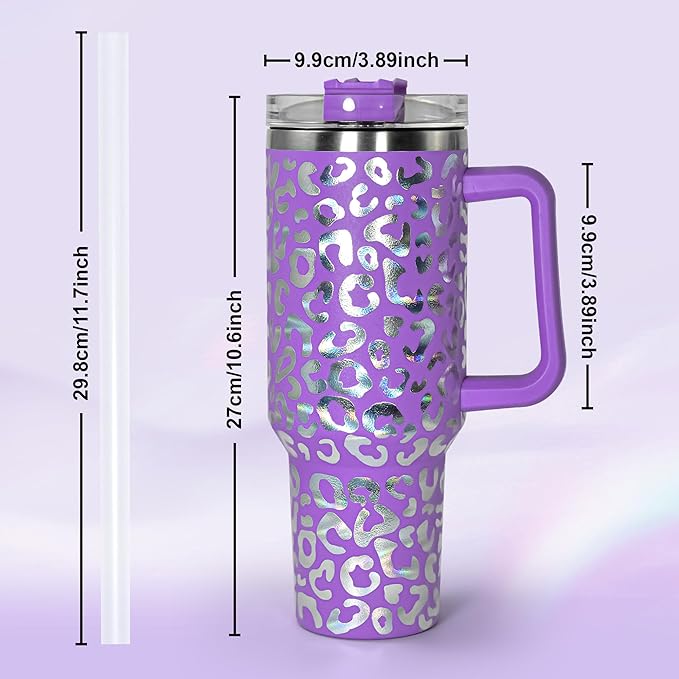 sweet grain 40 oz Tumbler with Handle and Straw, Stainless Steel Purple Leopard Print Tumbler with Handle, Double Vacuum Leopard Cup, Keeps Drinks Cold Up to 24 Hours