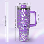 sweet grain 40 oz Tumbler with Handle and Straw, Stainless Steel Purple Leopard Print Tumbler with Handle, Double Vacuum Leopard Cup, Keeps Drinks Cold Up to 24 Hours