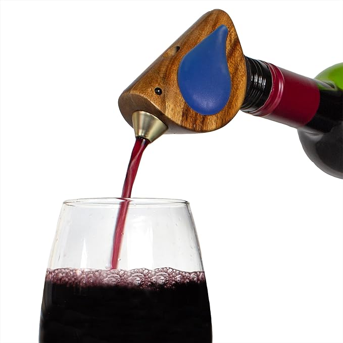 Wine Bottle Pourer, Fun Wine Pourer Spout Sings While It Pours, Airtight Wine Bottle Sealer, Acacia Wood with Blue Wings