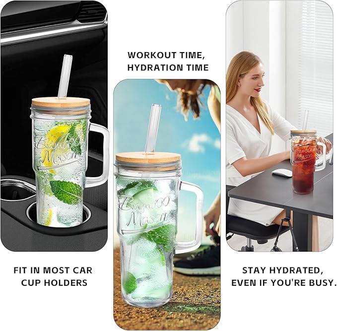 ANOTION Glass Cups with Lids and Straws - 24 oz Tumbler with Handle Halloween Coffee Cups Glass Straws Mason Jar Cups Drinking Set Kitchen Essentials Coffee Bar House Warming Gifts New Home