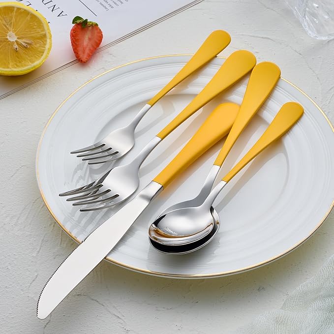 20-Pieces Yellow Silverware Sets for 4,Yellow Handle Stainless Steel Cutlery Set, Include Forks Spoons and Knives Set, Dishwasher Safe Utensil Sets for Home Restaurant
