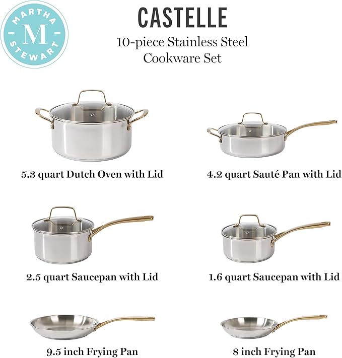 Martha Stewart Castelle 10 Piece 18/8 Durable Stainless Steel Induction Safe Pots and Pans Non-Toxic Kitchen Cookware Set - Gold Handles - Dishwasher Safe