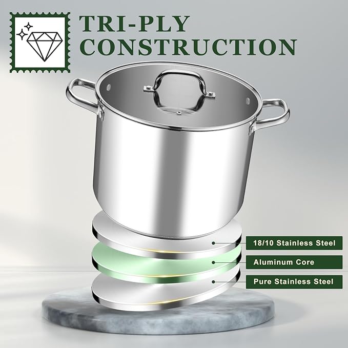 Leonyo Stainless Steel Stock Pot, 24QT Large Pot For Cooking, 18/10 Stockpot with Glass Lid for Stewing Simmering Boiling, Heavy-Duty 3-ply Bottom for All Stoves, Dishwasher Safe & Food Grade Cookware