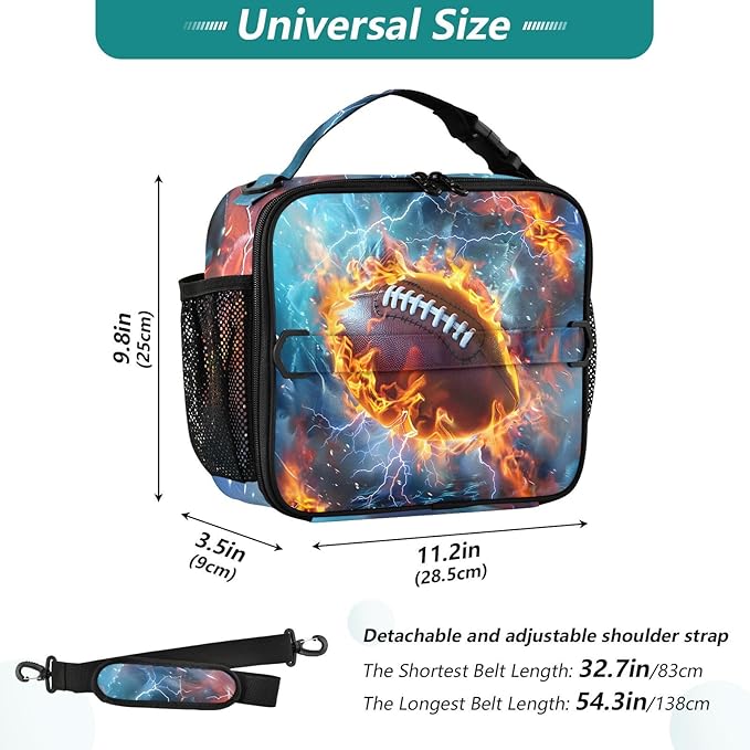 American Football Lunch Bag for Teens Boys Cool Insulated Lunch Box with Adjustable Shoulder Belt Cooler Bag for Sports Travel Camping College