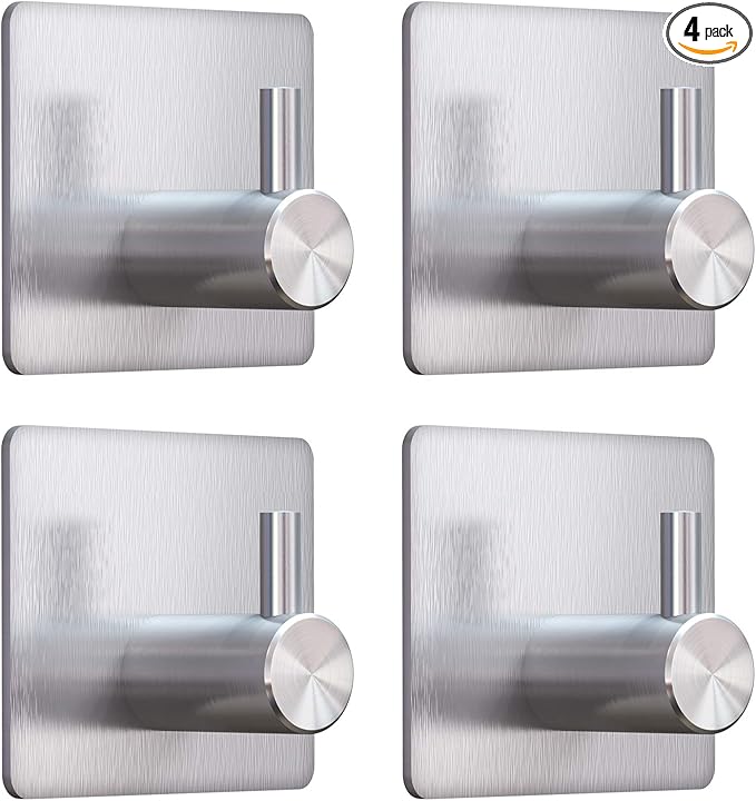 VIS'V Adhesive Towel Hooks, Waterproof Shower Wall Stick on Hooks, 2 Extra Adhesive Strips, Silver, 4 Pcs