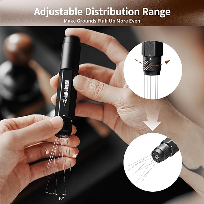MHW-3BOMBER Retractable WDT Tool Espresso Distribution Tool with Magnetic Store, Adjustable Range Coffee Stirrer Tool for Barista, 0.4mm 8 Stainless Steel Needles with 8 Extra, Black, T6188B-OS