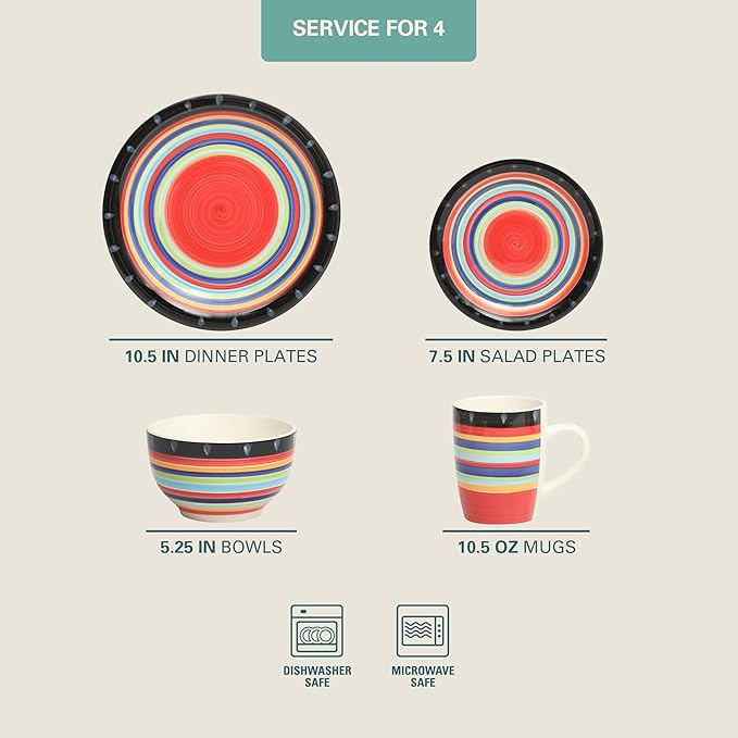 Gibson Home Festival Rings 16-Piece Stoneware Dinnerware Set – Colorful Hand-Painted Plates, Bowls & Mugs, Service for 4, Dishwasher & Microwave Safe Vibrant Tableware
