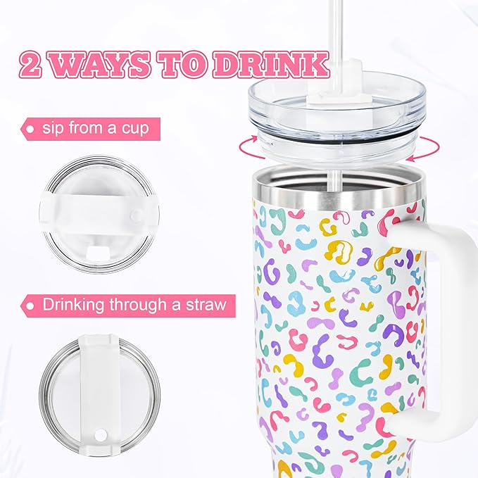 sweet grain 40 oz Tumbler with Handle and Straw, Keeps Drinks Cold Up to 24 Hours Leopard Tumbler, Stainless Steel Vacuum Insulated Travel Mugs for Water, Iced Tea or Coffee(Colorful)