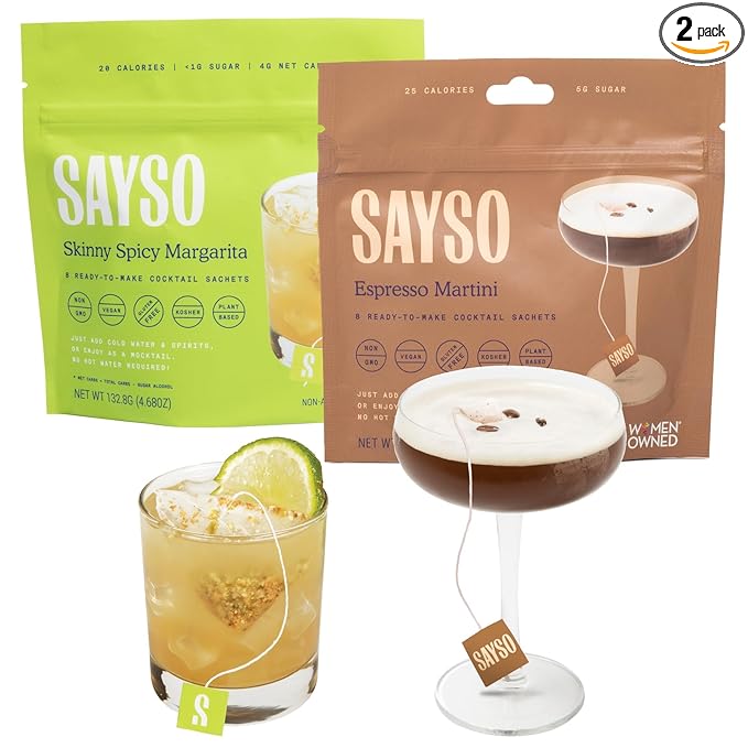 SAYSO Skinny Spicy Margarita & Espresso Martini Cocktail Tea Bags - Instant Cocktail or Mocktail Mixers - No Hot Water - Professionally Crafted - Home Bar - Organic Ingredients, 16-Pack