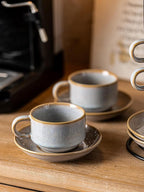 Gomakren 6 Ounce Cappuccino Cups with Saucers and Metal Stand, Stackable Coffee Cup Set of 4, Halloween Porcelain Espresso Cups for Coffee Drinks, Cappuccino, Latte, Americano, Tea, Gray